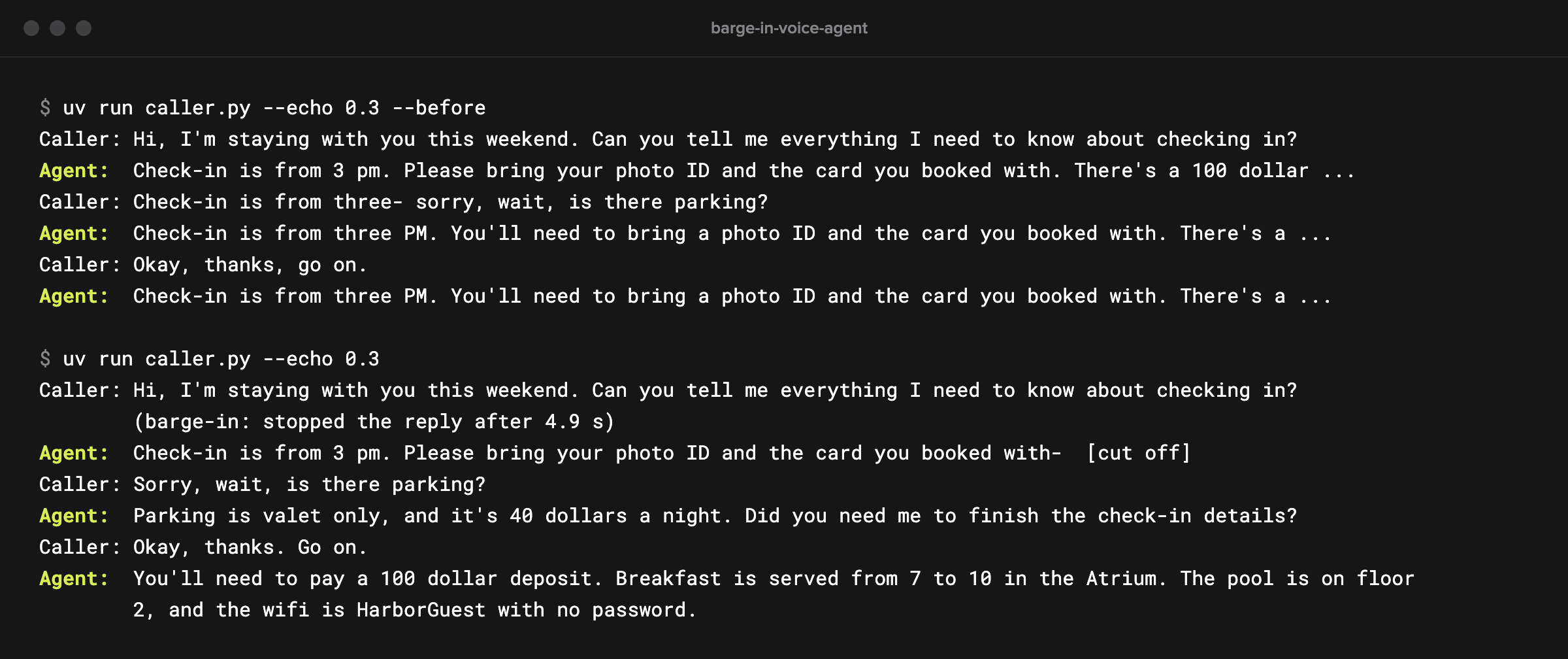 The scripted caller's before and after runs in a terminal